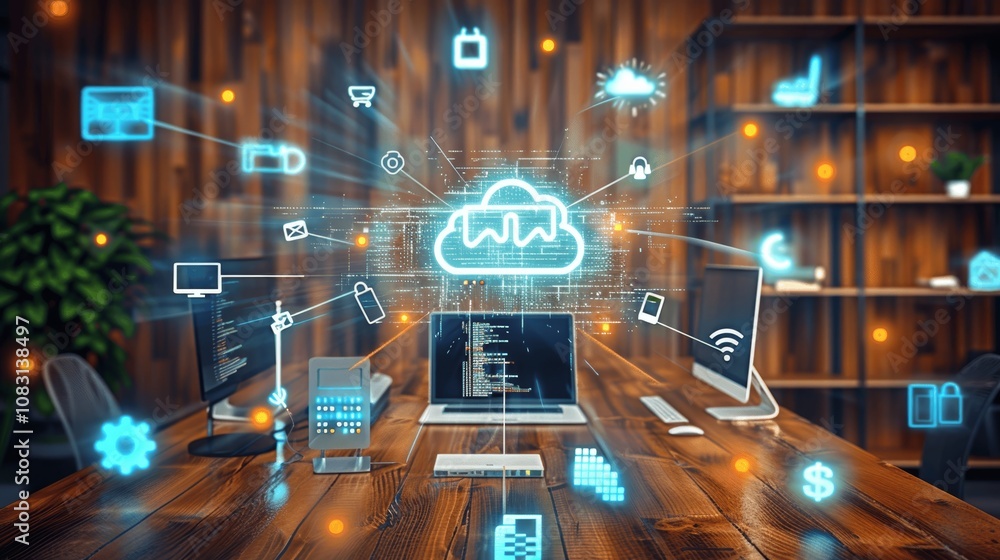 Poster Cloud Technology Network with Smart Devices and Advanced Software for Enhanced Productivity