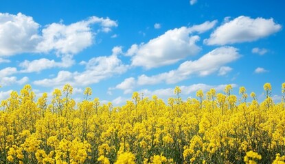 Obraz premium Vast Yellow Rapeseed Field under Blue Sky with White Clouds in Blooming Spring Rural Landscape