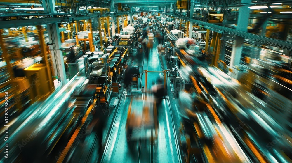 Poster busy factory assembly line with fast moving items and workers in a dynamic industrial environment en