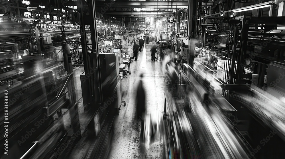 Poster dynamic scene of a fast-paced factory floor filled with machines and workers engaged in high-efficie