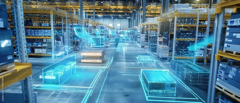 Poster high-tech modern warehouse utilizing automated systems for efficient fulfillment of inventory manage