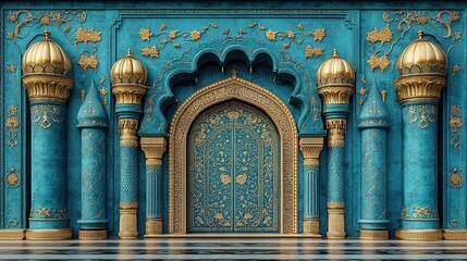 Opulent Teal and Gold Palace Entrance: A Majestic Architectural Masterpiece