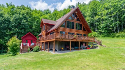 Fototapeta premium Cozy Wooden Cabin Dreamscape with Scenic View, Ideal for Guests Seeking Relaxation in a Charming Chalet Retreat Surrounded by Lush Nature and Artistic Inspiration