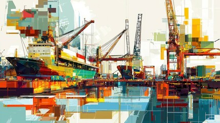 Naklejka premium Vibrant Industrial Port Scene Featuring Colorful Ships and Cranes in an Abstract Artistic Style, Capturing the Essence of Maritime Operations and Cargo Handling