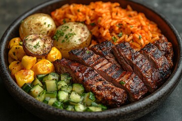 Delicious grilled steak with vegetables and rice served in a rustic bowl at a cozy restaurant