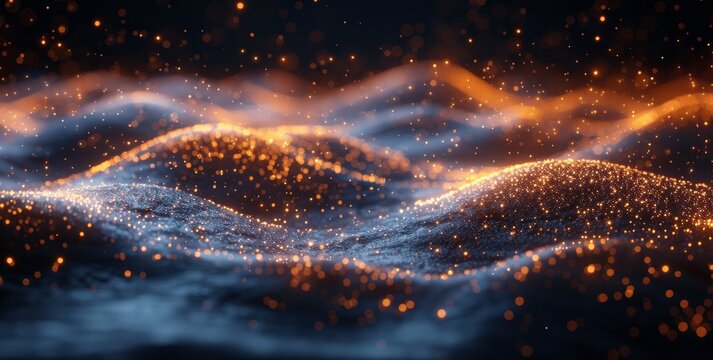 Dark Blue and Gold Abstract Background with Glittering Particles and Bokeh Lights