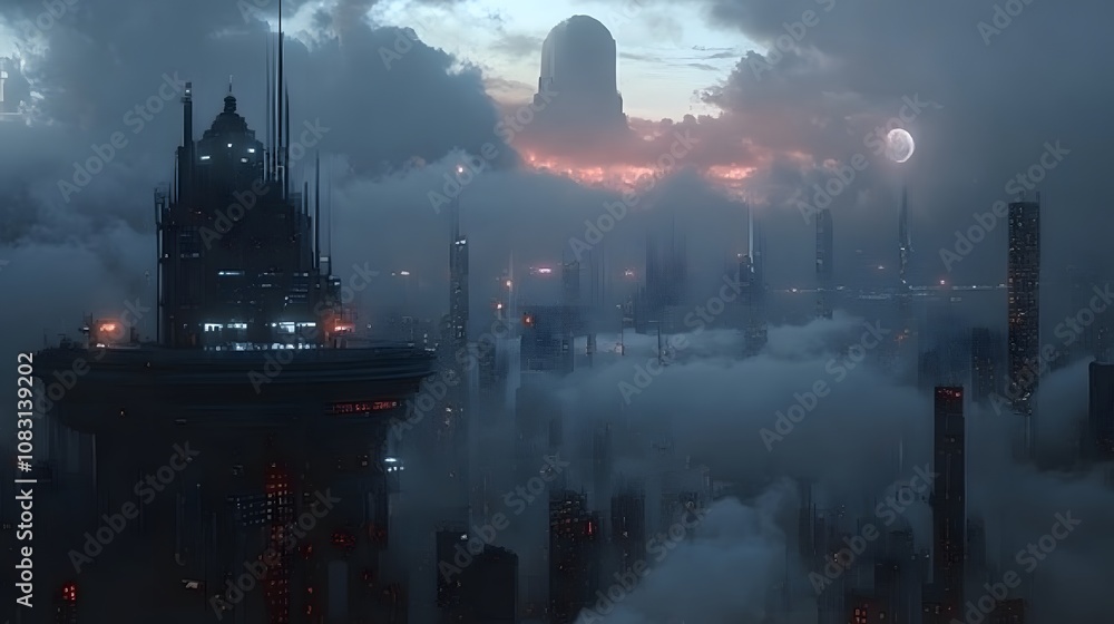 Poster a cityscape with a large building in the foreground and a large cloud in the background. the sky is 