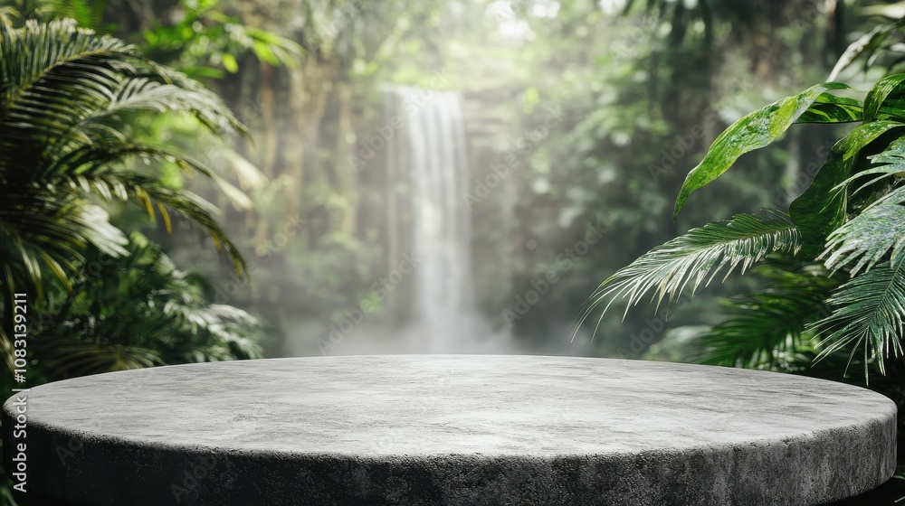 Aufkleber serene concrete table with waterfall and lush greenery in background, soft bokeh effect creating an 