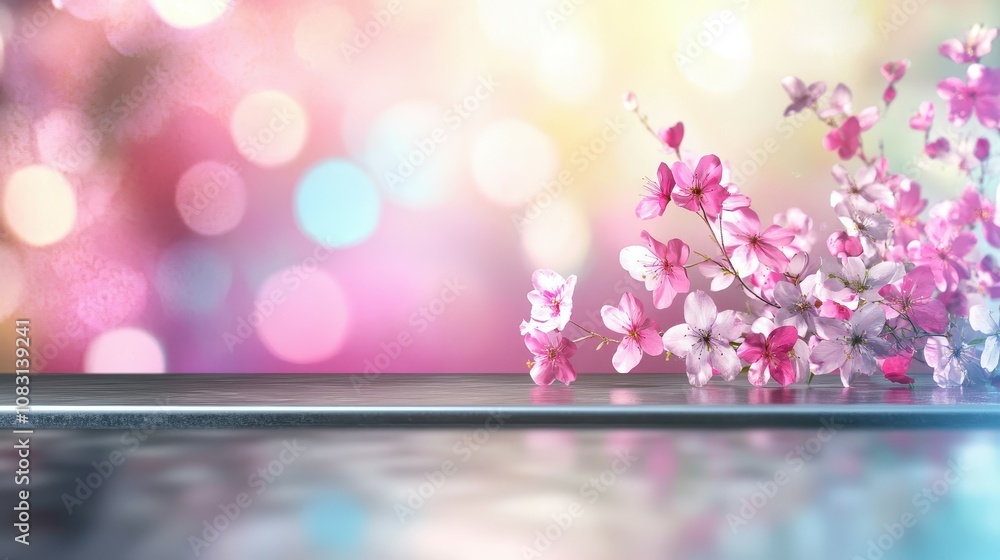 Poster a serene empty steel table adorned with vibrant spring flowers against a colorful bokeh background c