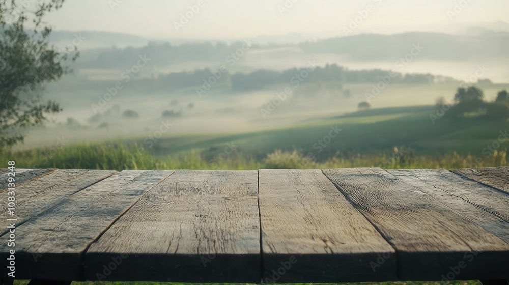 Poster a rustic wooden table set against a misty countryside with rolling hills and a soft bokeh background