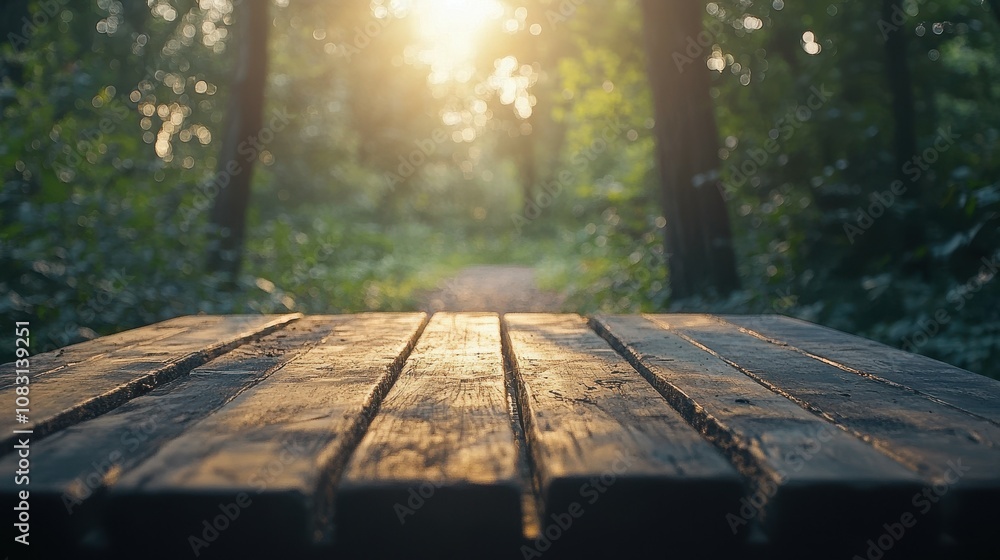 Poster a tranquil wooden table setting amidst a serene forest pathway with beautiful bokeh background and s
