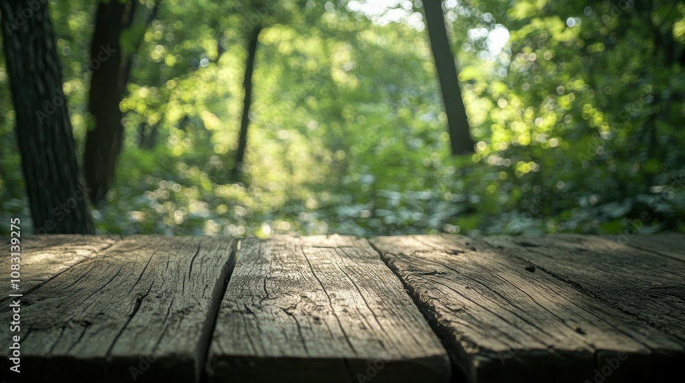 Poster sunlit wooden table in forest with bokeh background, creating a serene atmosphere for nature-inspire