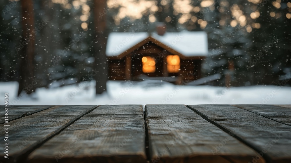 Poster serene winter scene featuring an empty wooden table in front of a snowy cabin with soft bokeh backgr