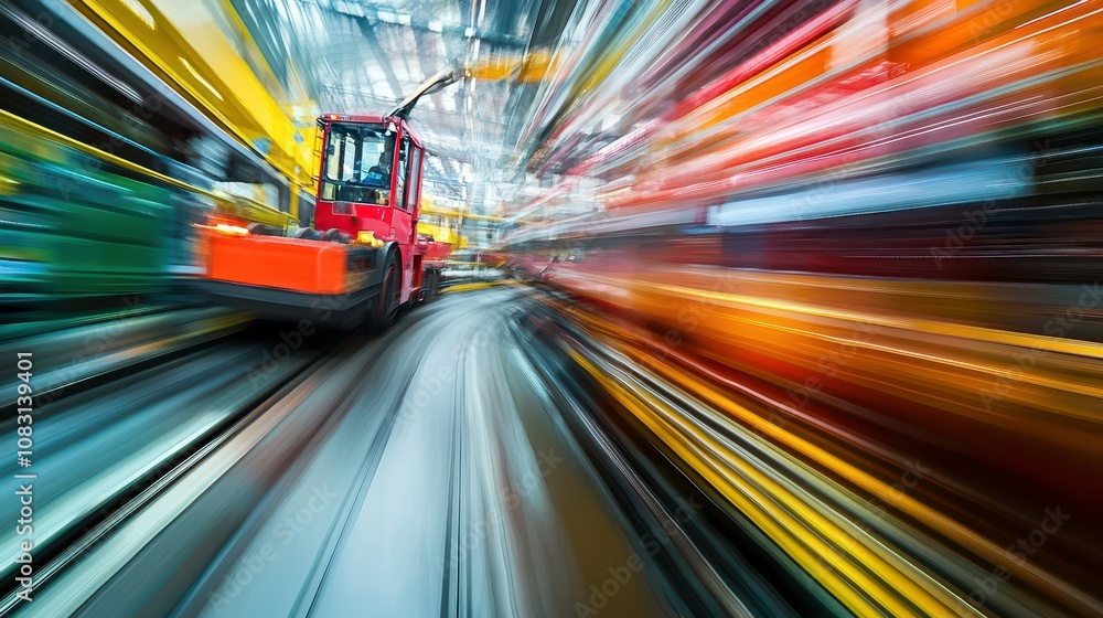 Poster dynamic view of heavy machinery in motion within a vibrant factory environment showcasing high-speed