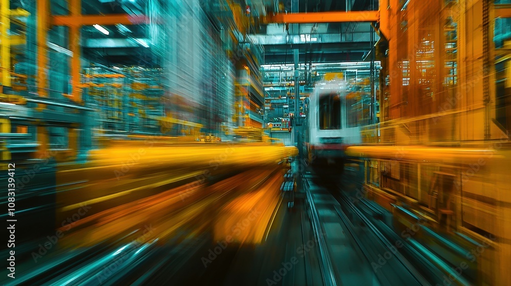 Poster high-speed movement of heavy machinery in a factory setting with dynamic motion blur capturing indus