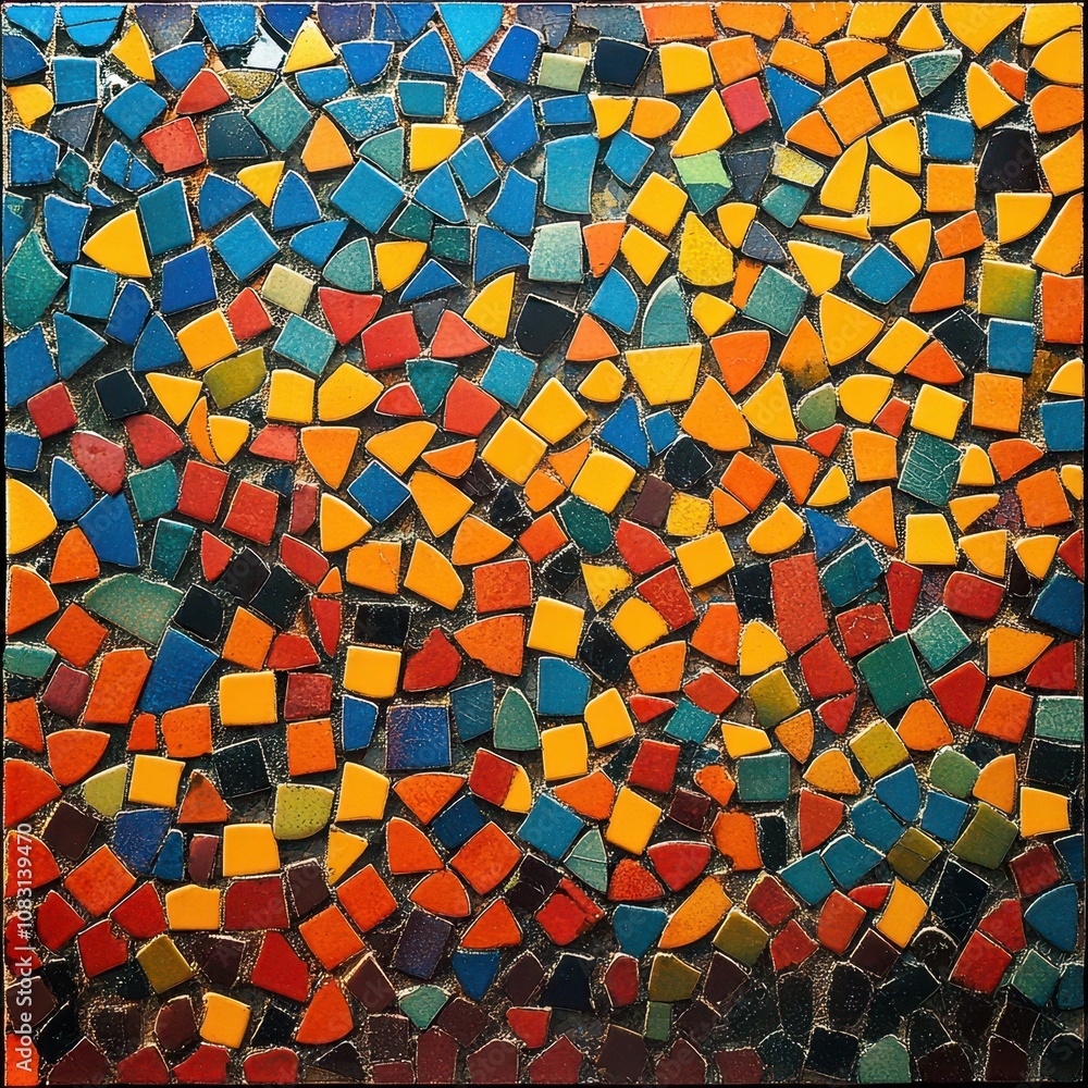 Poster colorful intricate mosaic tile artwork composed of small ceramic pieces displaying vibrant patterns 