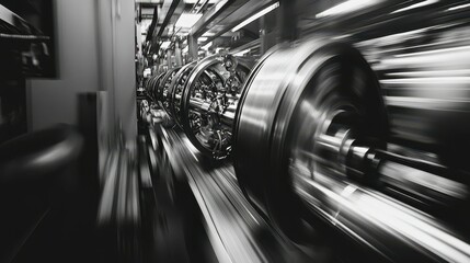 Obraz premium Heavy Duty Machinery in Motion at a Factory | Dynamic Industrial Environment Captured in Blurred Perspective, Showcasing Efficiency and Power of Modern Equipment