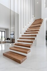 Fototapeta premium Artistic floating stairs with irregular wooden steps and no handrails,