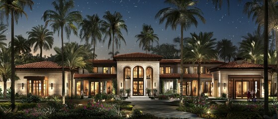 Fototapeta premium Elegant Italian-Inspired Villa at Night with Terracotta Roof and Lush Tropical Gardens, Offering a Luxurious Guest Experience in a Scenic Retreat