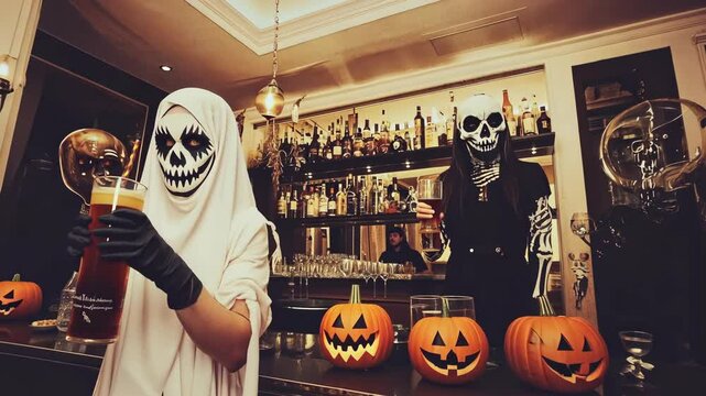 A lively Halloween gathering takes place at a bar adorned with jack-o'-lanterns. Costumed guests toast with drinks, creating a festive and eerie ambiance