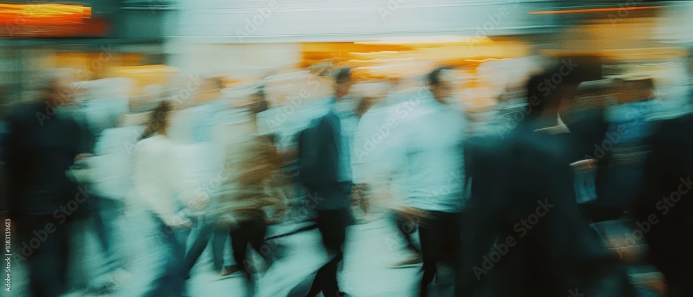 Poster dynamic scene of people rushing to catch metro train with motion blur effect in a busy urban environ