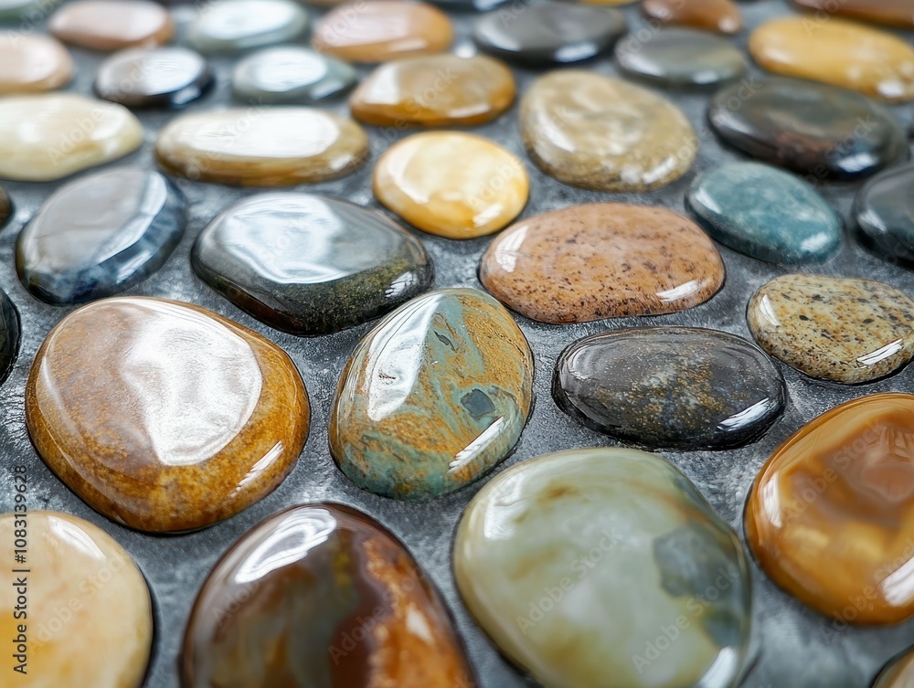 Poster close-up view of polished pebbles with a smooth surface combining various natural stone colors and t