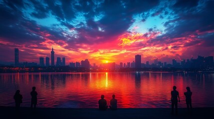 Fototapeta premium Vibrant Sunset Over City Skyline With Colorful Reflections In Tranquil Waters And Silhouettes Of People On New Year's Eve