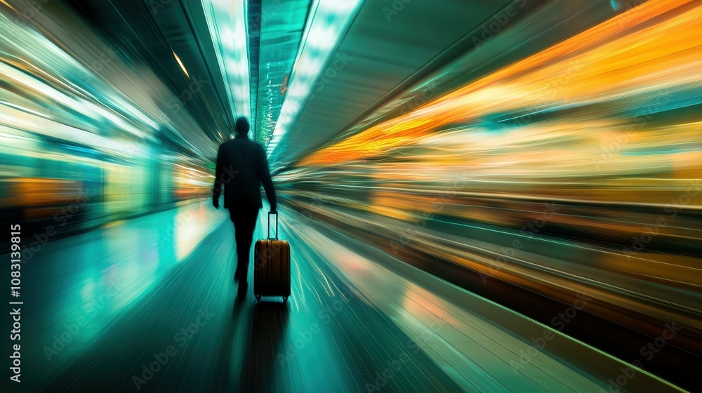 Poster a dynamic scene of a traveler in a busy airport terminal running down the hallway with a suitcase in