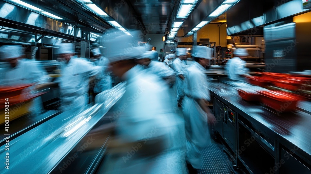 Poster fast-moving workers on a conveyor in a busy manufacturing environment, showcasing efficiency and col