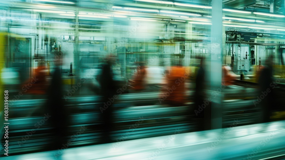 Poster fast-moving workers on a conveyor in a manufacturing facility, capturing the dynamic and efficient e