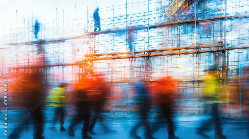 Poster busy construction site with workers moving on scaffolding under bright skies: a dynamic scene of lab