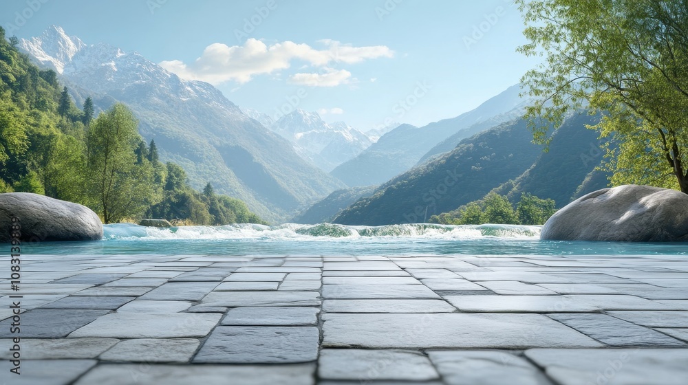 Poster serene mountain landscape with rushing river and tiled table setting in the foreground, captured in 
