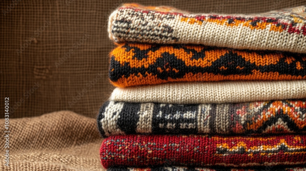 Poster cozy and colorful hand-knitted textiles displayed in a neat stack with intricate patterns and warm t