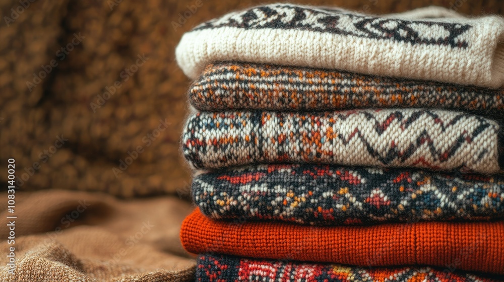 Poster cozy stack of colorful knitted sweaters with intricate patterns piled on a soft textured background 