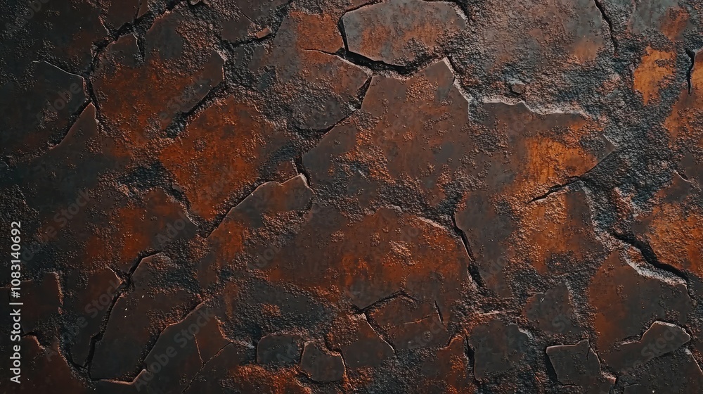 Poster dark, textured surface with cracks and rust accents suitable for backgrounds in various creative pro