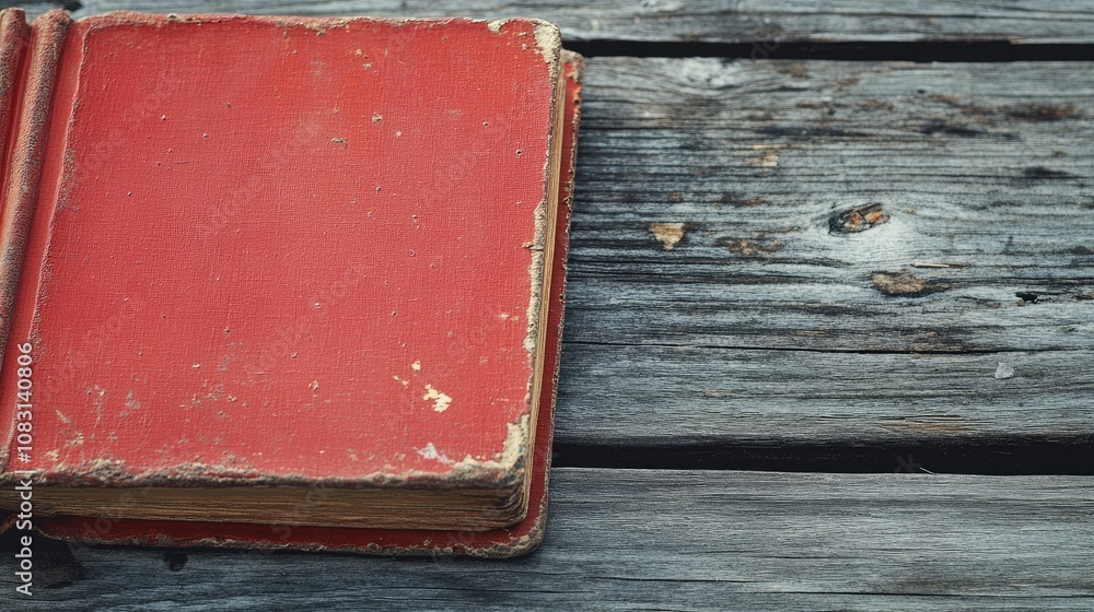 Poster old red book on weathered wooden table surface, showcasing textures of aging and history in a rustic
