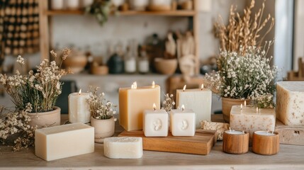 Cozy Arrangement of Handmade Candles and Natural Elements in a Stylish Home Decor Setting for Wellness and Relaxation