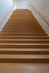 Fototapeta premium Zigzag staircase with light oak steps and minimalist railings,