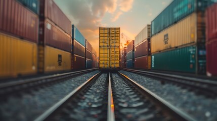 Obraz premium a train track with a yellow container on it and a sky background with clouds
