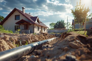Pipes installed underground in front of newly build house