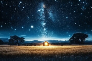 Fototapeta premium Serene Starry Night with Milky Way and Glowing Shed in Golden Wheat Field