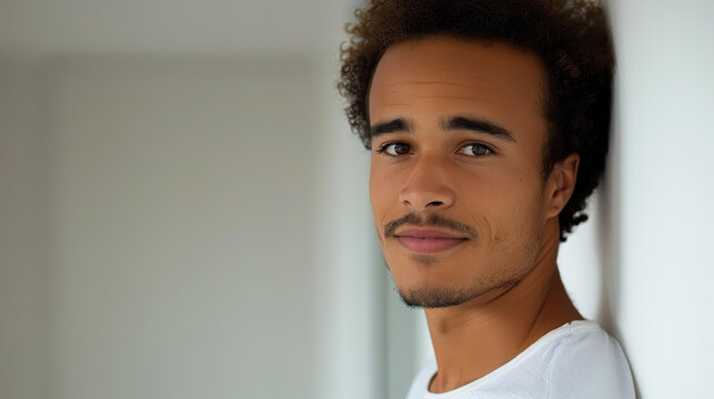 Stylish African American man exudes confidence in casual wear, showcasing a relaxed profile with a charming smile.