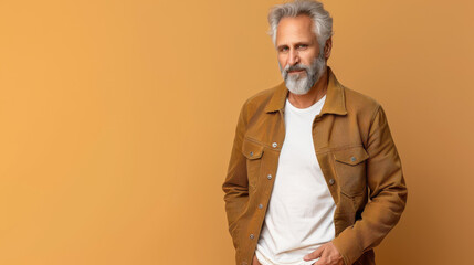 Obraz premium A senior man exudes confidence in a relaxed pose, showcasing a natural smile that reflects warmth and wisdom.
