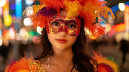Obraz premium Experience the vibrant colors and festive spirit as a young woman in a dazzling mask joins the Mardi Gras parade.