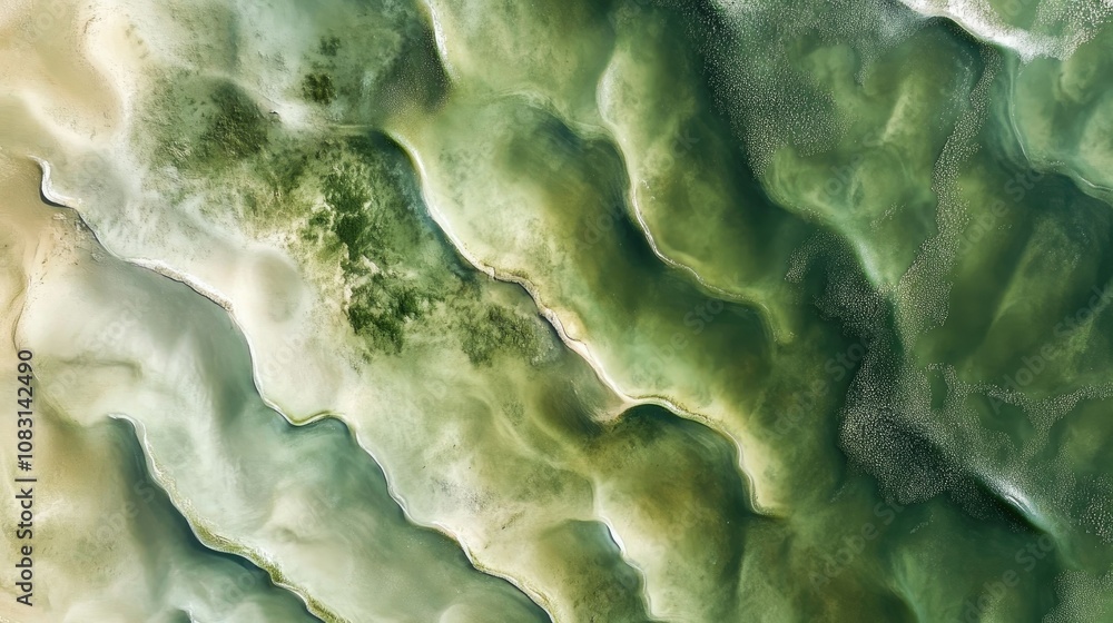 Poster abstract aerial view of serene waves and textured patterns in turquoise and green tones, capturing t
