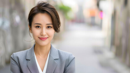 Obraz premium A poised Asian businesswoman in a sleek gray suit stands confidently in the bustling city, embodying success and professionalism.