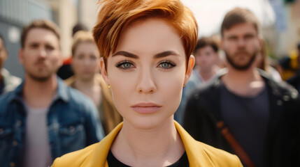 Obraz premium A spirited redhead joins a diverse crowd, passionately advocating for change in a vibrant city protest.