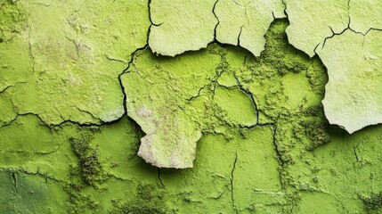 Obraz premium Cracked Green Wall with Textured Surface Showing Layers of Flaking Paint, Moss Growth, and Unique Patterns in a Natural Setting