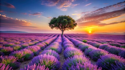 A solitary tree stands tall amidst a vibrant lavender field, bathed in the golden glow of a breathtaking sunrise.