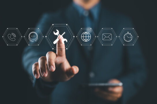 Technical Support and Customer Service Concept. Icon of tools, with icons for customer service, 247 support, communication, and technical maintenance. business technology in customer assistance.